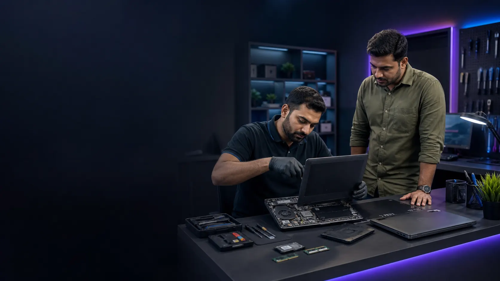 Vintrago technician repairing a laptop while guiding a customer