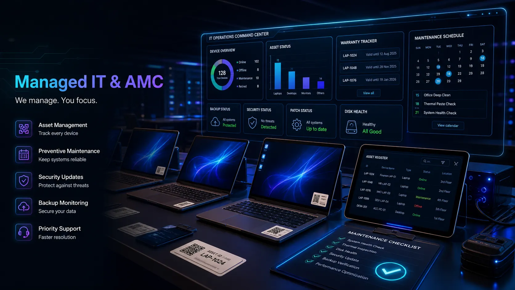 Managed IT and AMC laptop fleet dashboard
